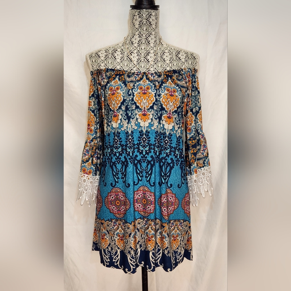 WinWin Blue Green boho off shoulder tunic dress - Picture 2 of 7